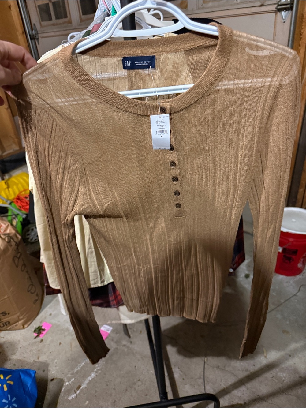 GAP Lightweight Ribbed Long-Sleeve Henley in Camel